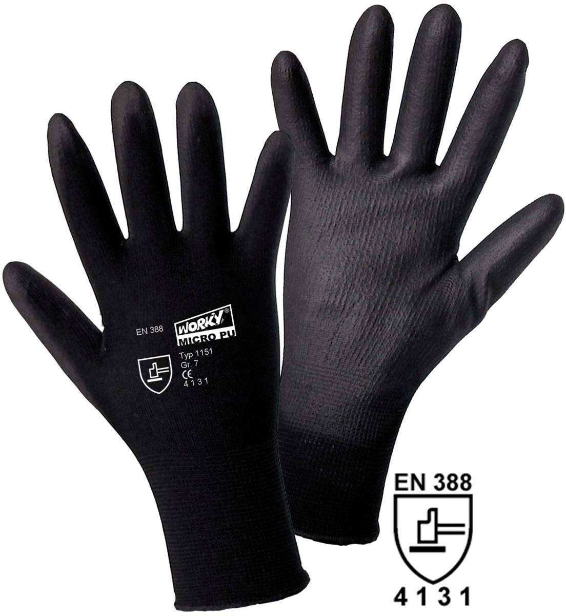 Fino pletene rokavice Worky MICRO black, 100% najlon s PU-prevleko, velikost 8, 1151-0