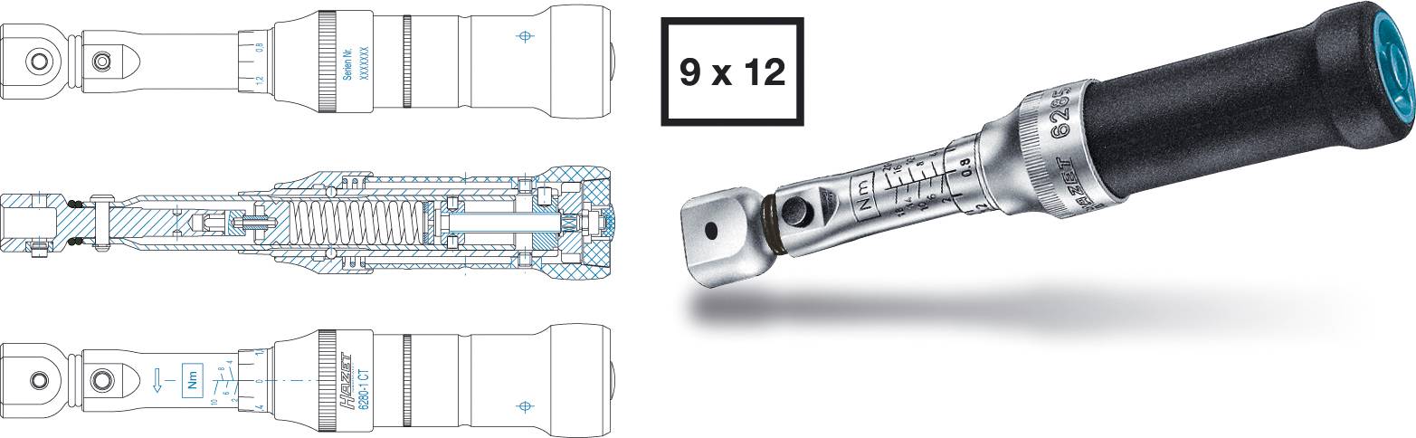 Hazet 6282-1CT 6282-1CT momentni ključ Kalibrirano (ISO) za natična orodja vstavljiv štirirobi, 9 x 12 mm 4 - 40 Nm-0
