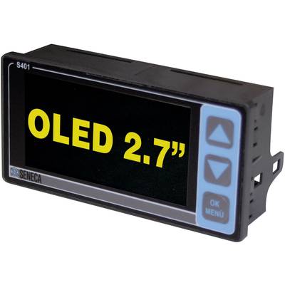 Majhen OLED-zaslon z napisom 'OLED 2.7"' in dvema modrima usmerjevalnima tipkama ter gumboma OK in Meni poleg njiju.