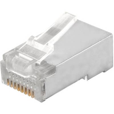Prozoren RJ45 vtič, uporabljen za eternet omrežne povezave, z vidnimi zlatimi kontaktnimi iglicami.