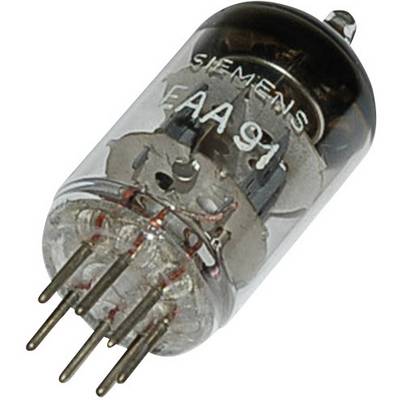 Elektronska cev s šestimi kovinskimi pini, prozorno stekleno ohišje, označeno z 'SIEMENS' in 'EAA91', pogosto uporabljena v starih radijskih sprejemnikih.
