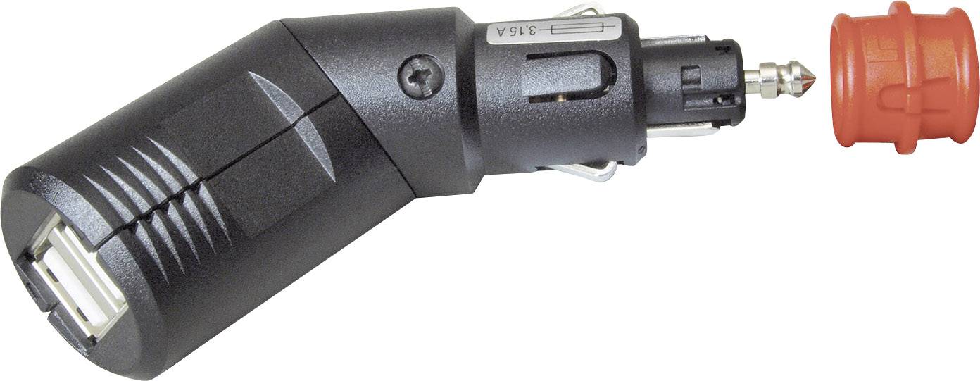 Prikazan je črn USB avto adapter z odstranljivo rdečo zaščitno kapo.