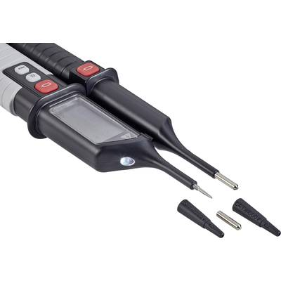 Dva elektronska merilna naprava z LED-prikazovalnikom in snemljivimi konicami, primerna za preizkušanje električnih vodnikov in povezav.