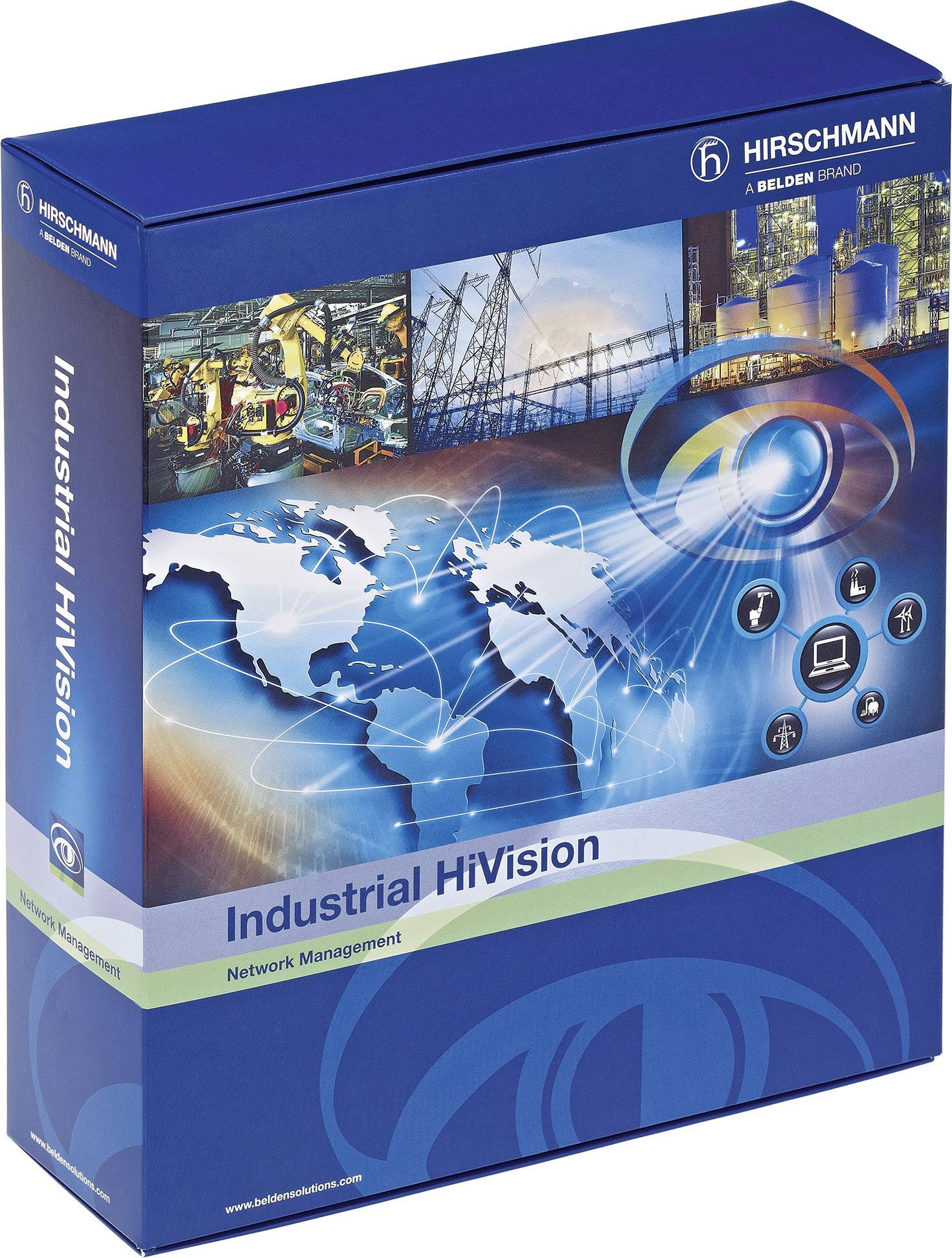 Embalaža programske opreme 'Industrial HiVision' podjetja Hirschmann. Na sliki so prikazane industrijske naprave, omrežni simboli in logotip.