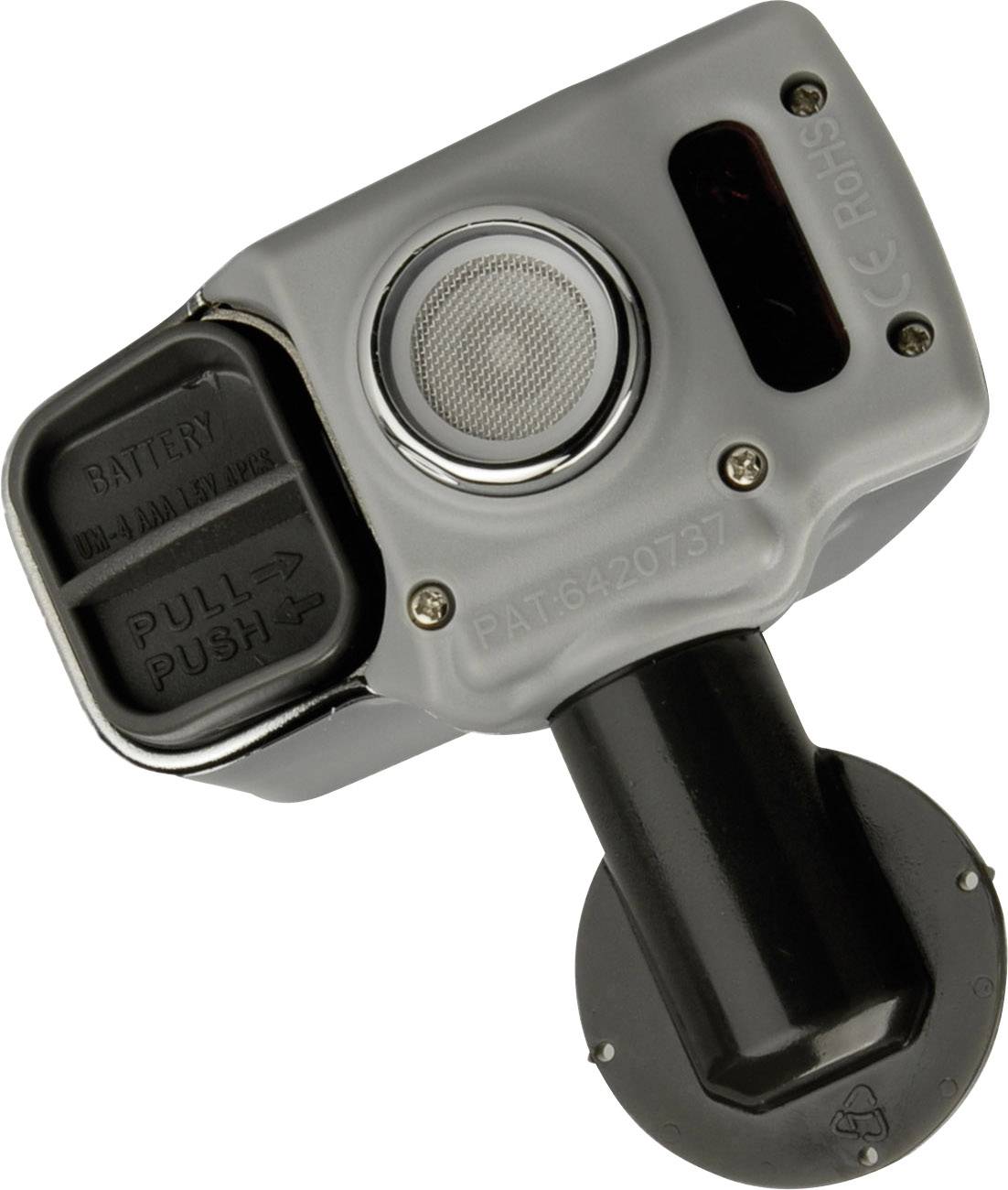 Senzorska naprava z ročajem in ohišjem za baterijo, ki bi lahko bila namenjena industrijski ali varnostni uporabi.