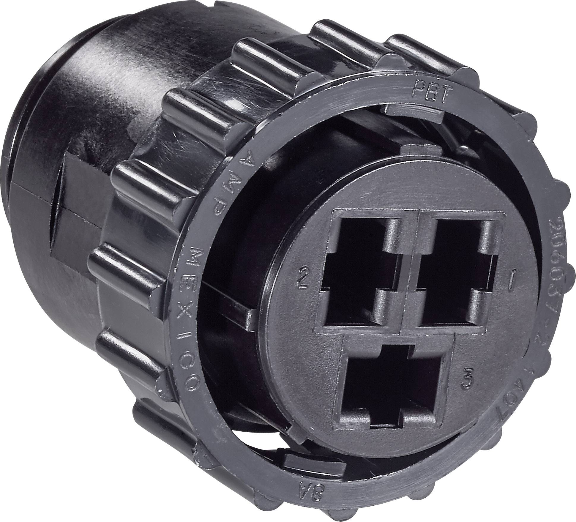 Črn okrogel plastični priključek s štirimi pravokotnimi odprtinami, oštevilčenimi od 1 do 4, za električne ali omrežne povezave.