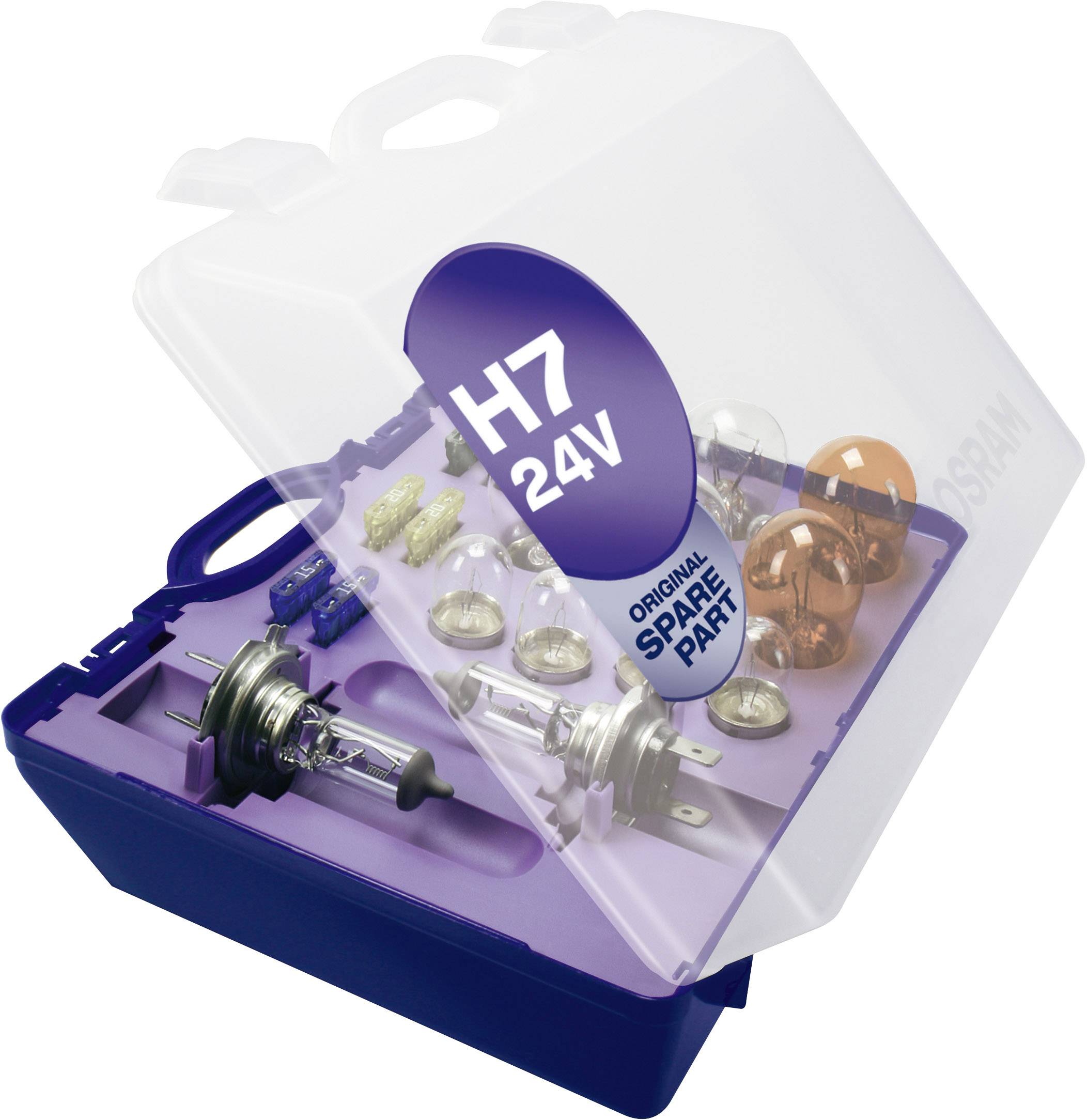 Odprt plastičen kovček z različnimi nadomestnimi žarnicami za vozila, označen z 'H7 24V Original Spare Part'.