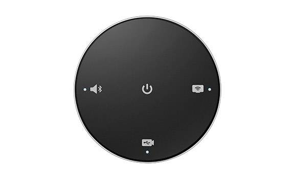 Okrogla elektronska naprava s simboli za glasnost, Bluetooth, Wi-Fi in USB. Osrednji simbol za vklop/izklop.