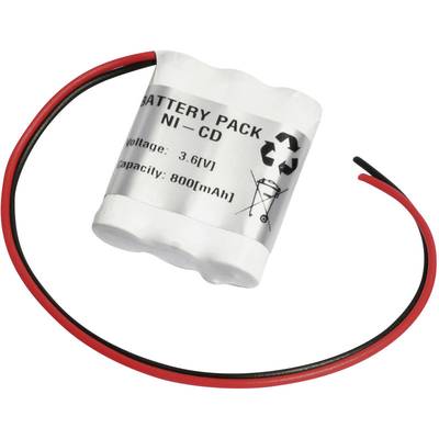 Ni-Cd baterijski paket, 3,6 V, 800 mAh kapacitete, z rdečimi in črnimi priključnimi kabli.