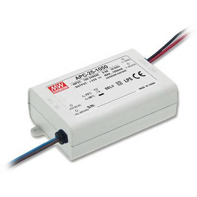 Pravokotna elektronska naprava s priključki za kable. Prikazuje tehnične specifikacije, med drugim model 'APC-25-1050'.