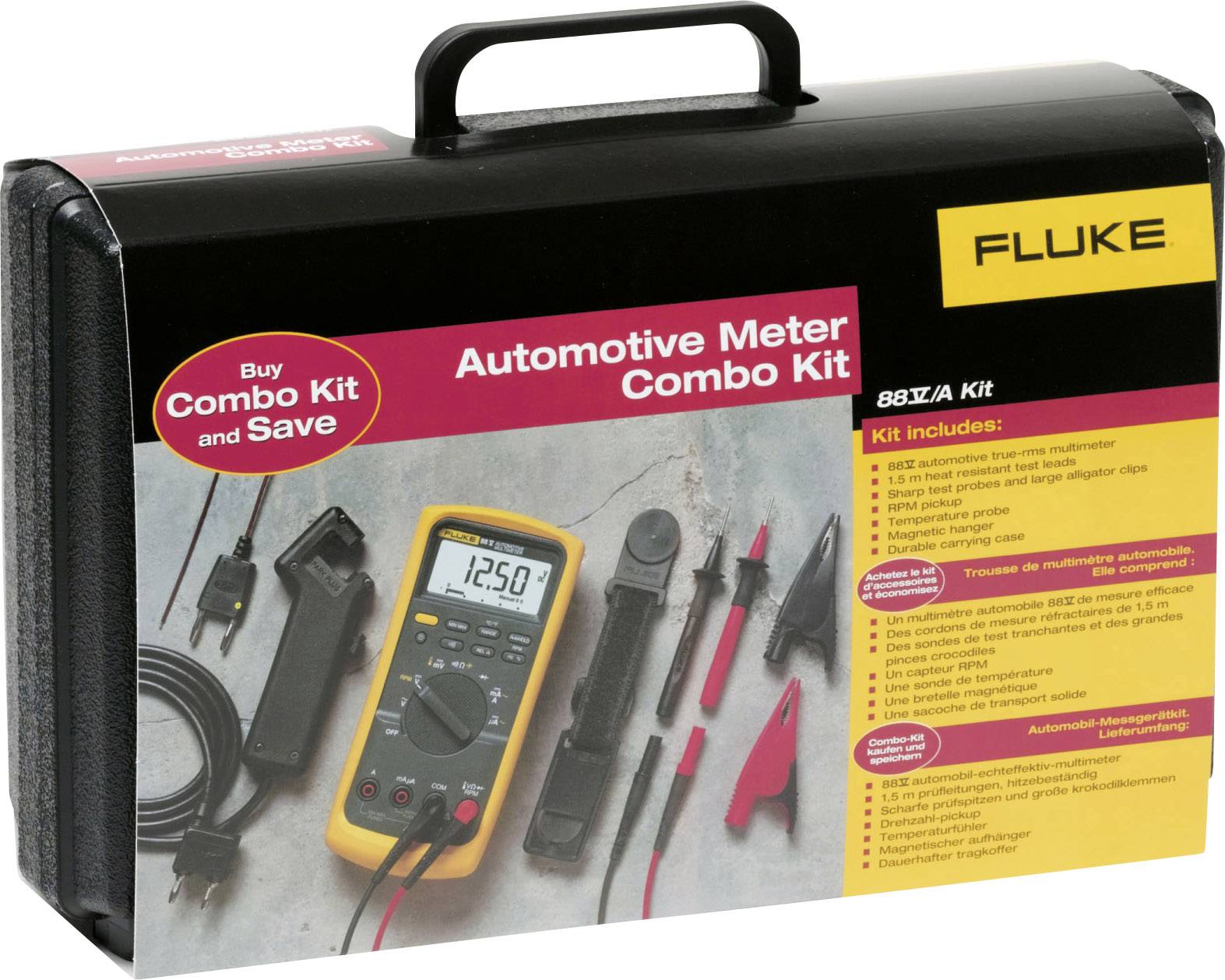 Komplet merilnika za avtomobilsko elektriko Fluke 88-5 v črni škatli z dodatno opremo: multimeter, pritščice, kabli. Opomba 'Kupite komplet in prihranite'.