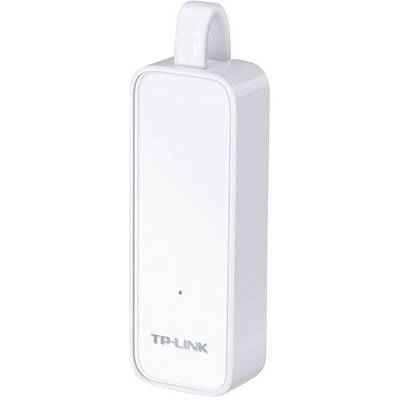 Bel, pravokoten TP-Link adapter z majhno LED lučko na sredini in obešalno zanko zgoraj.