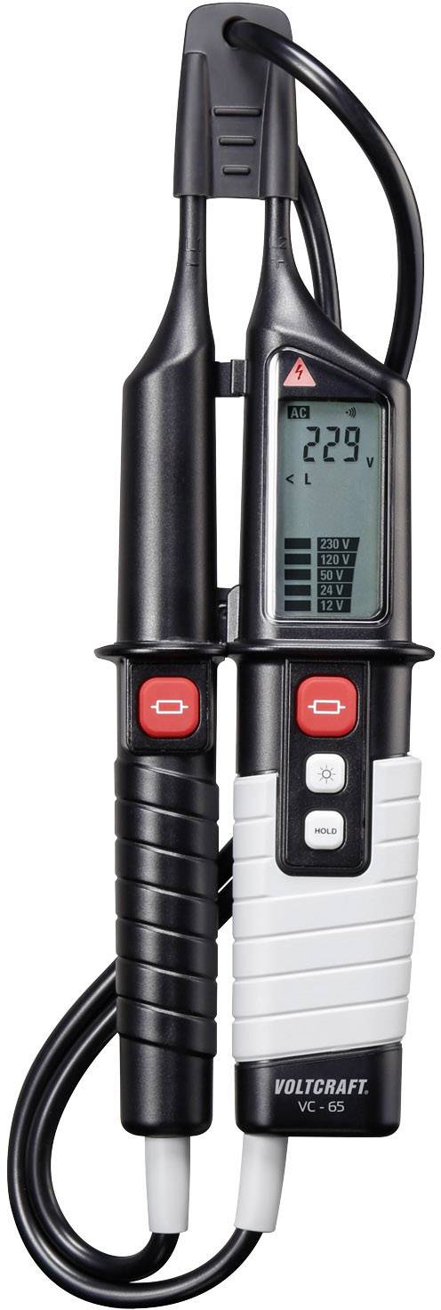 Električni tester napetosti z digitalnim zaslonom, ki prikazuje '229'. Vidna sta dva dolga ročaja in kabla.