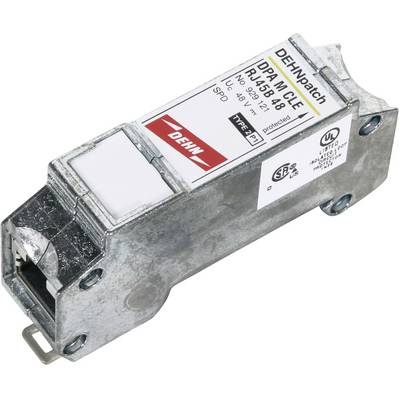 Kovinska naprava z RJ45 priključkom, ki se uporablja za prenapetostno zaščito v omrežjih. Oznaka: 'DEHNpatch DPRO M CLE RJ45B 48'.