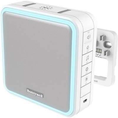Bel, kvadraten Honeywell zvonec za vrata z modrim LED robom in stranskimi tipkami za različne funkcije.