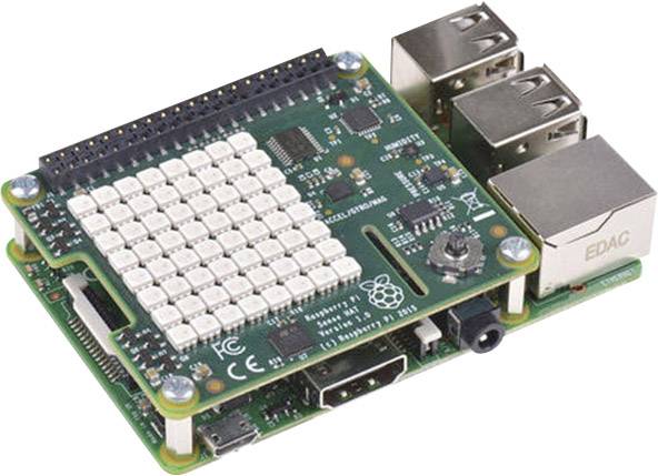 Raspberry Pi z razširitveno kartico, prikazuje elektronsko ploščo s priključki in LED-diodami. Običajno se uporablja za programiranje in elektronske projekte.