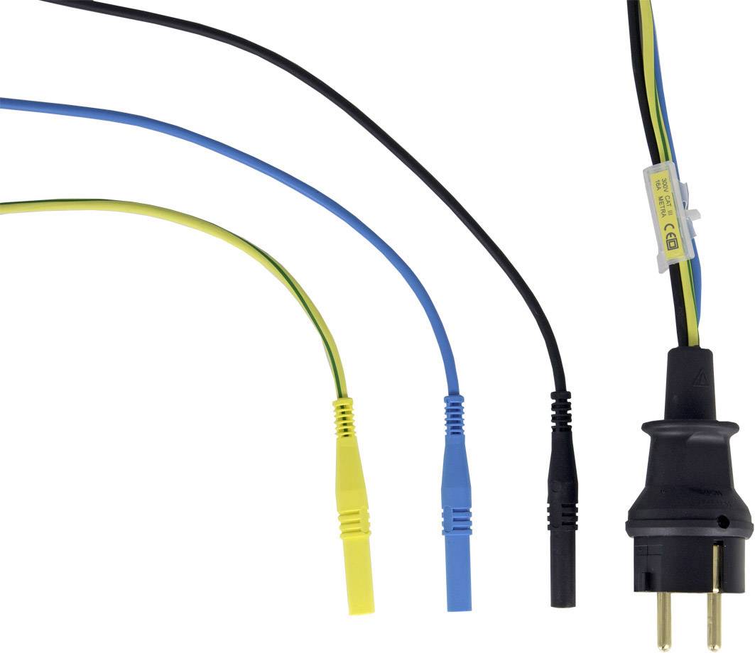 Tritočkovni kabel s priključkom in tremi barvno označenimi merilnimi vodniki v rumeni, modri in črni barvi za električno merjenje.