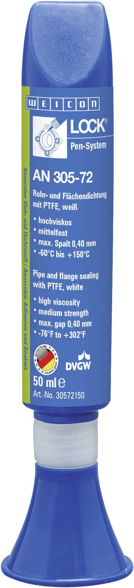 Steklenica z WEICONLOCK AN 305-72, tesnilno sredstvo za cevi in navojne spoje, modra, 50 ml, opisuje lastnosti in varnostna opozorila.