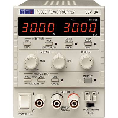 Električno napajalno enoto z digitalno prikazovalnik, ki prikazuje '30,00 V' in '3000 mA'. Vidni so gumbi za upravljanje napetosti, toka in izhodov.