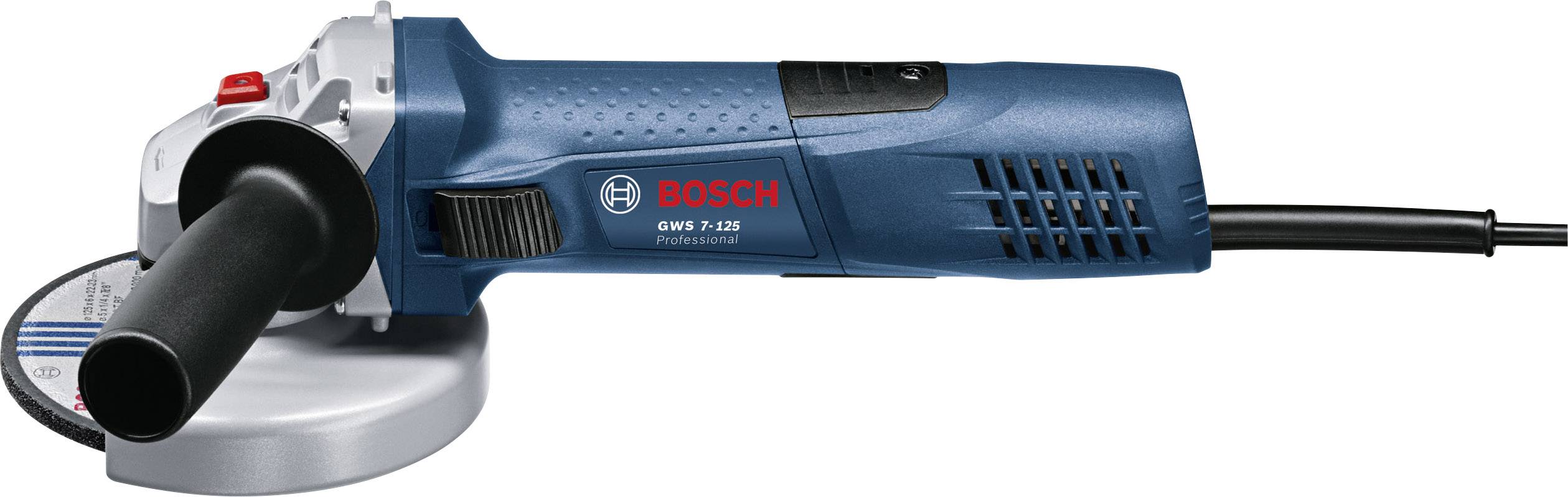Moder kotni brusilnik znamke Bosch s črnim ročajem in kablom. Model je GWS 7-125 Professional.