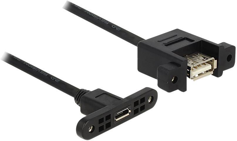 USB kabel s pravokotnim vtičem na eni strani in ploščato montažno konzolo na drugi strani.