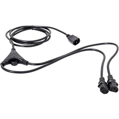 Črni električni kabel z enim vhodom in dvema izhodoma, primeren za hkratni priklop dveh naprav na električni vir.