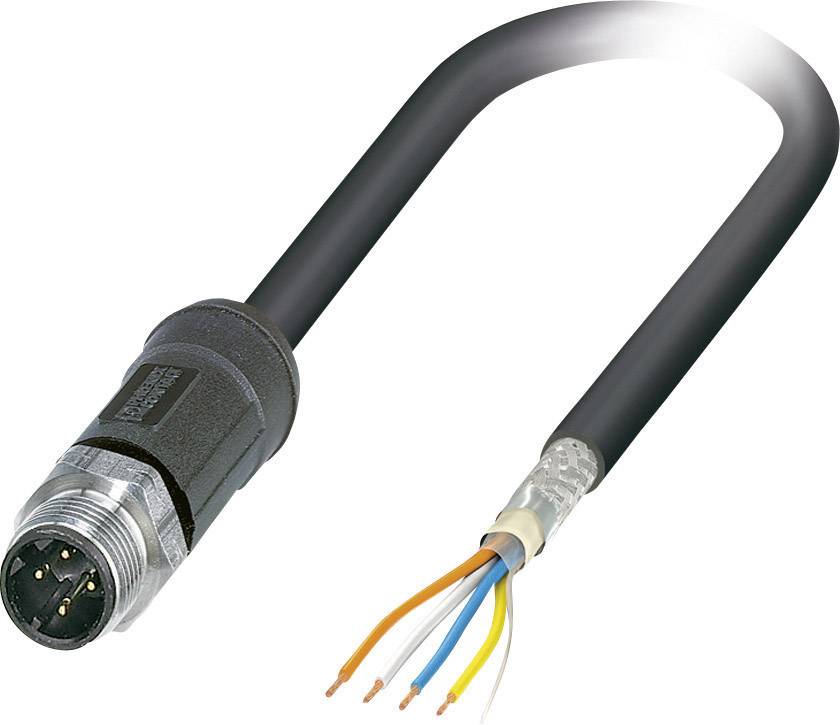 Črno ovit kabel z izpostavljenimi žicami v barvah modra, oranžna, rumena in bela. Levo okrogel vtič z več kontakti.