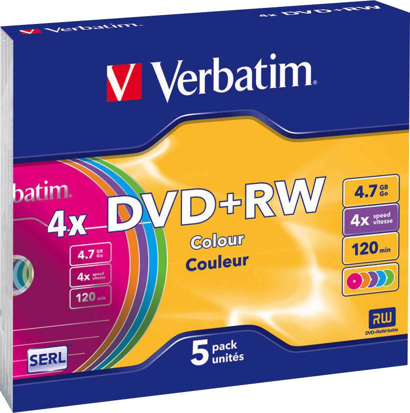 DVD+RW ploščki 4.7 GB Verbatim 43297 5 kosov, Slimcase barvasti-0