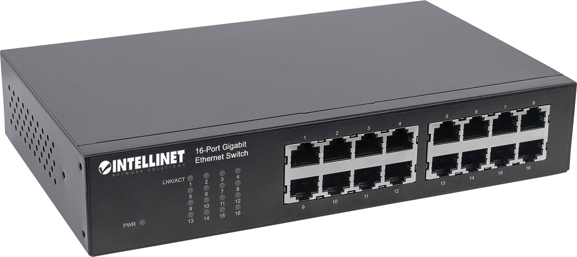 16-portni gigabitni eternet stikalo Intellinet, črno, pogled od spredaj z vhodnimi priključki in statusnimi indikatorji.