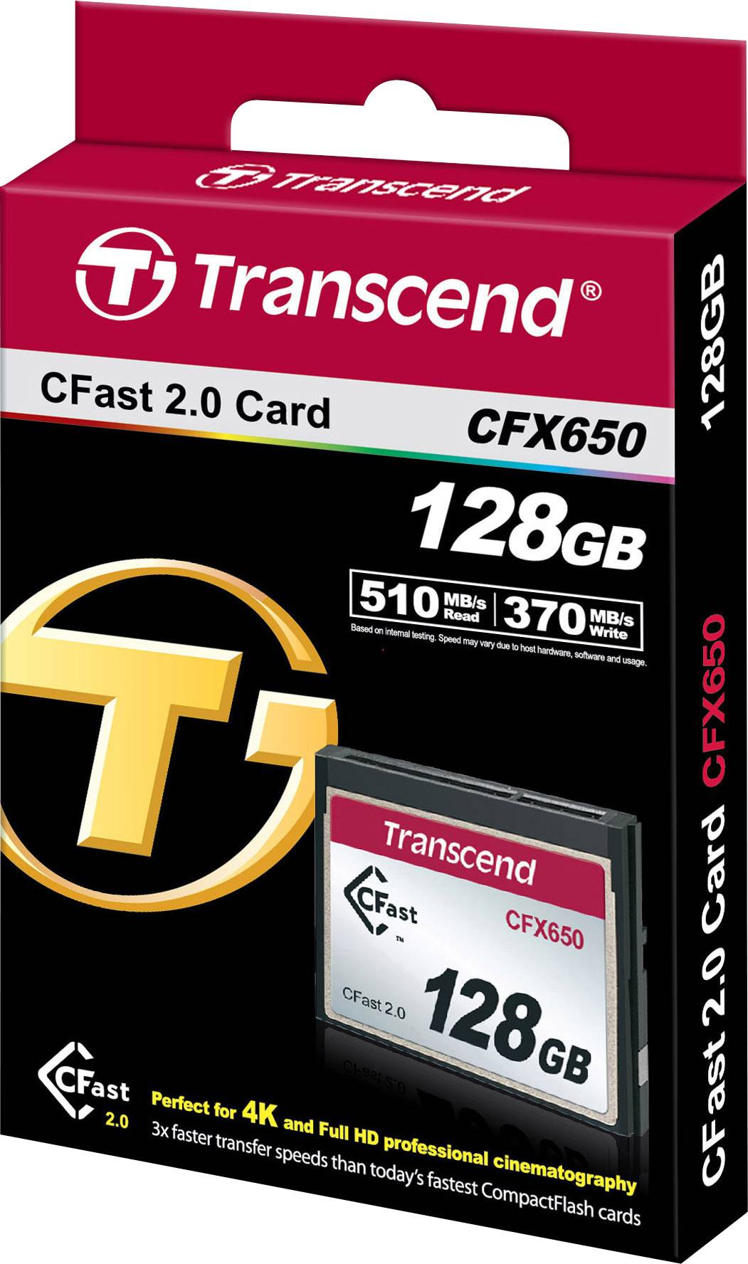 Transcend CFast 2.0 CFX650, 128 GB prostornine, 510 MB/s bralna hitrost, 370 MB/s pisalna hitrost, primeren za 4K- in Full HD-snemanja.