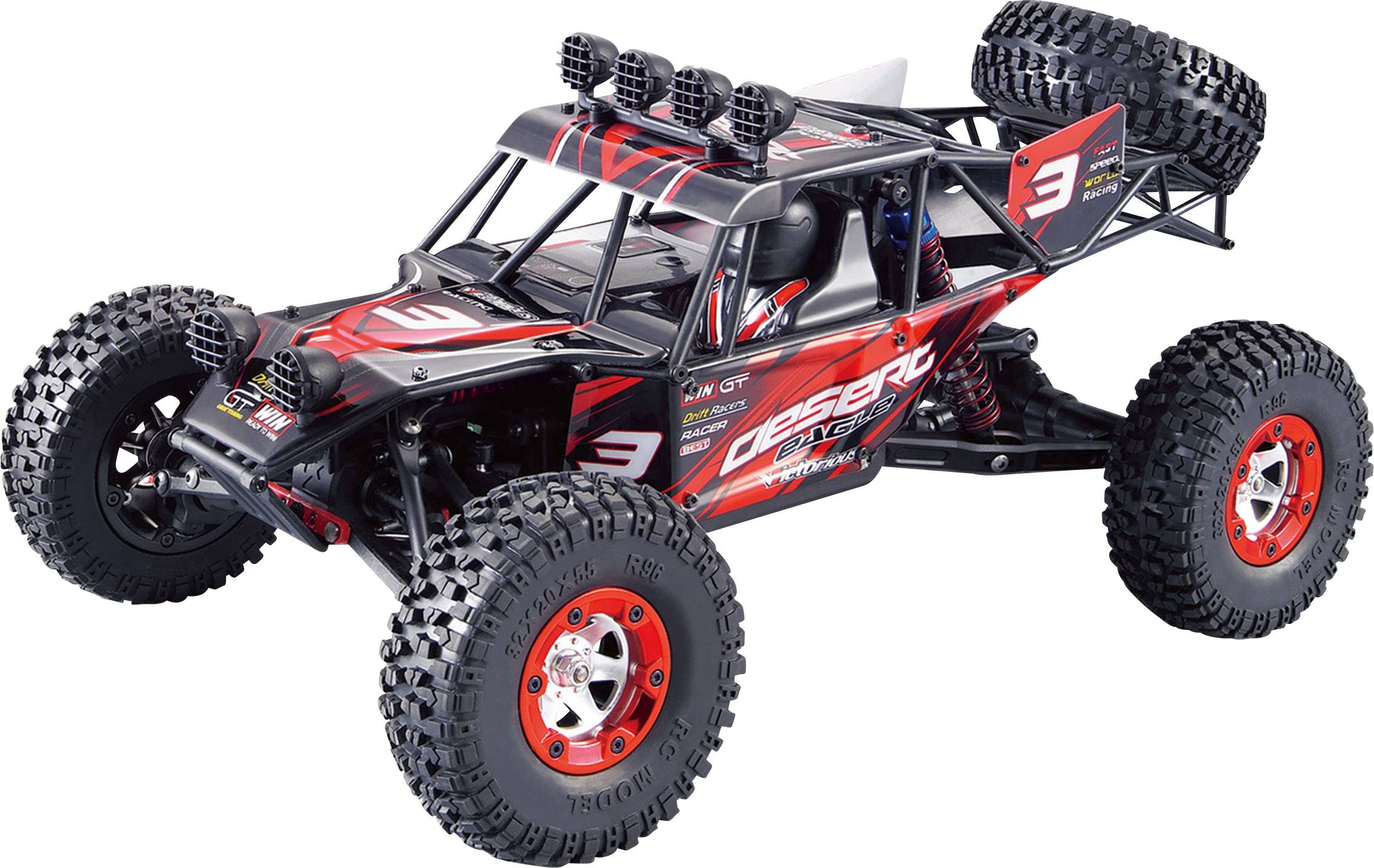Črn in rdeč RC avto v offroad slogu z velikimi kolesi. Robustno zgrajen in okrašen s številkami in logotipi.