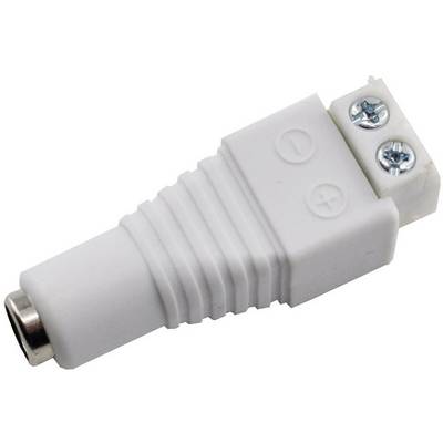 Bel DC-vtični adapter s vijačnimi priključki. Plus in minus znaki označujejo polariteto.