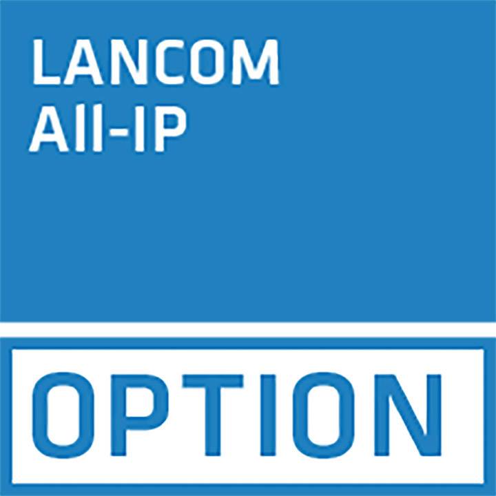Logotip 'LANCOM All-IP Option' na modri podlagi.