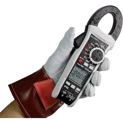 Rokavičasta roka drži digitalni klešasti multimeter. Zaslon prikazuje '0.00'. Naprava meri električne vrednosti.