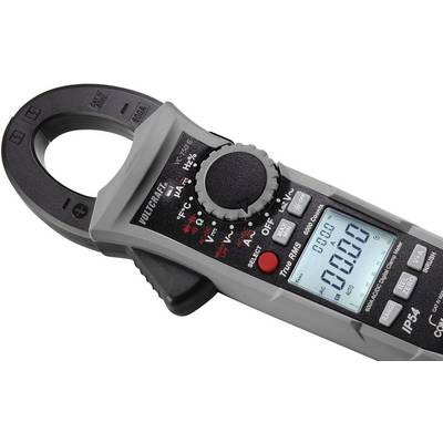 Sivo digitalno klešče ampermeter z černim glavnim delom. Zaslon prikazuje '0.00'. Vidni različni gumbi za funkcije.