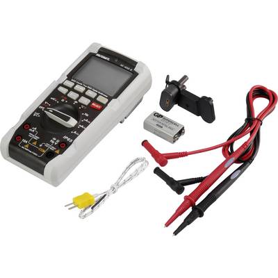 Digitalni multimeter z merilnimi vodniki, adapterjem za termopar in 9V baterijo za električne meritve.