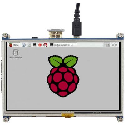 Slika majhnega računalniškega zaslona z logotipom Raspberry Pi na sredini. Zgoraj so prikazane ikone in ura.