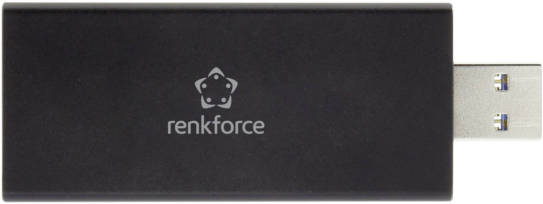 USB ključek v črni barvi s potiskano 'Renkforce' logo. Ključek ima pravokotno obliko in srebrn USB vtič.