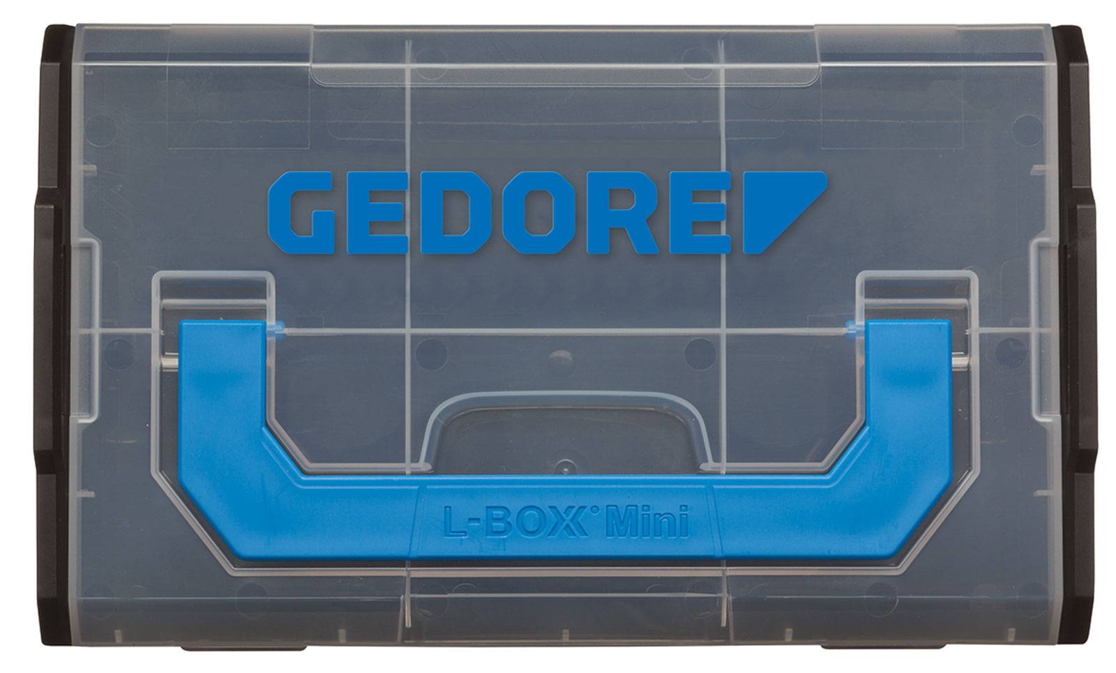 Prozorna plastična škatla z modrim ročajem in modrim napisom 'GEDORE L-BOXX Mini' na pokrovu.