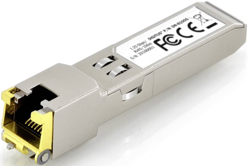 SFP-modul za omrežne povezave, kovinski z RJ45 priključkom, prikazuje oznako s specifikacijami in certifikati.