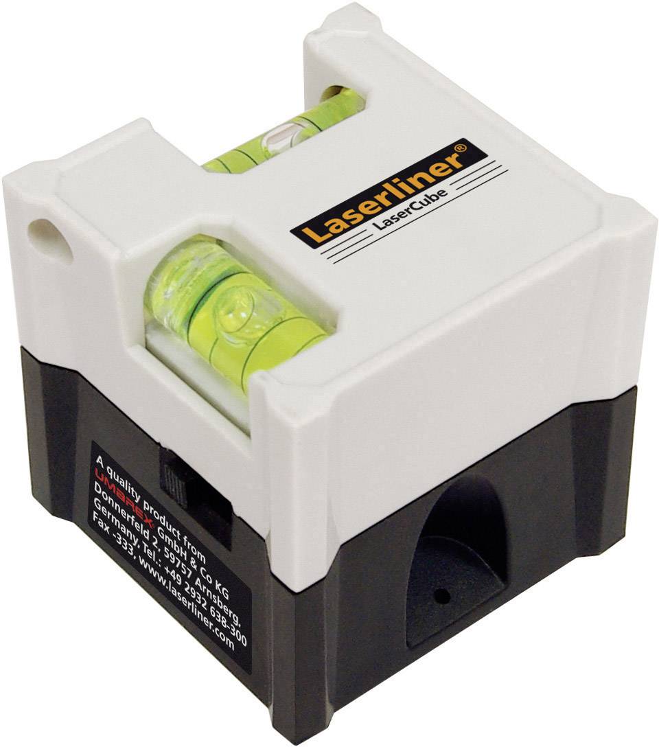 Laserliner LaserCube z vgrajenimi libeli za natančno niveliranje. Kompaktna, kvadratna oblika, belo-črna.
