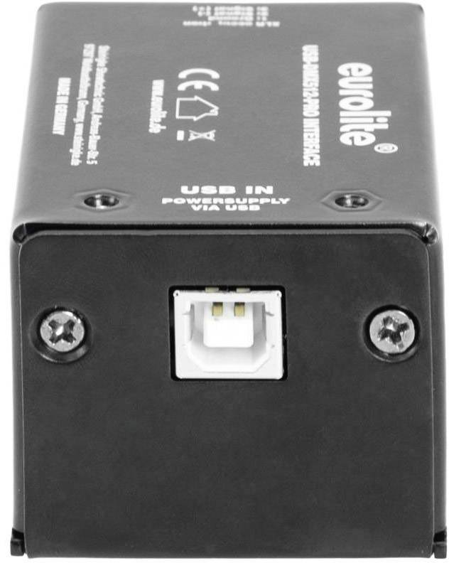 USB vmesnik črnega Eurolite DMX512-PWM vmesnika, označen z CE simboli in USB priključkom.