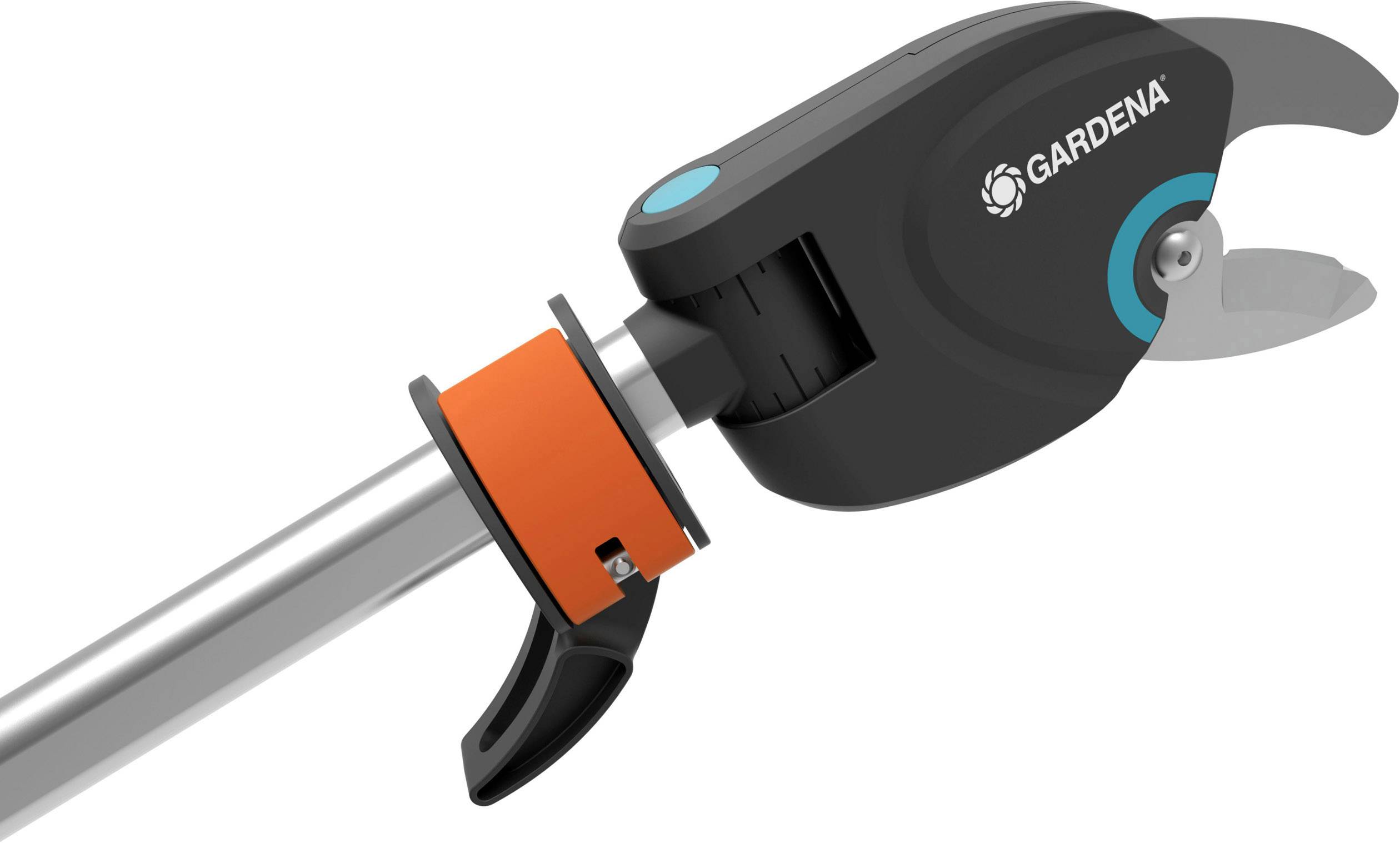 Obrezovalec z logotipom Gardena in oranžnim obročkom. Primeren za rezanje vej na težko dostopnih mestih.