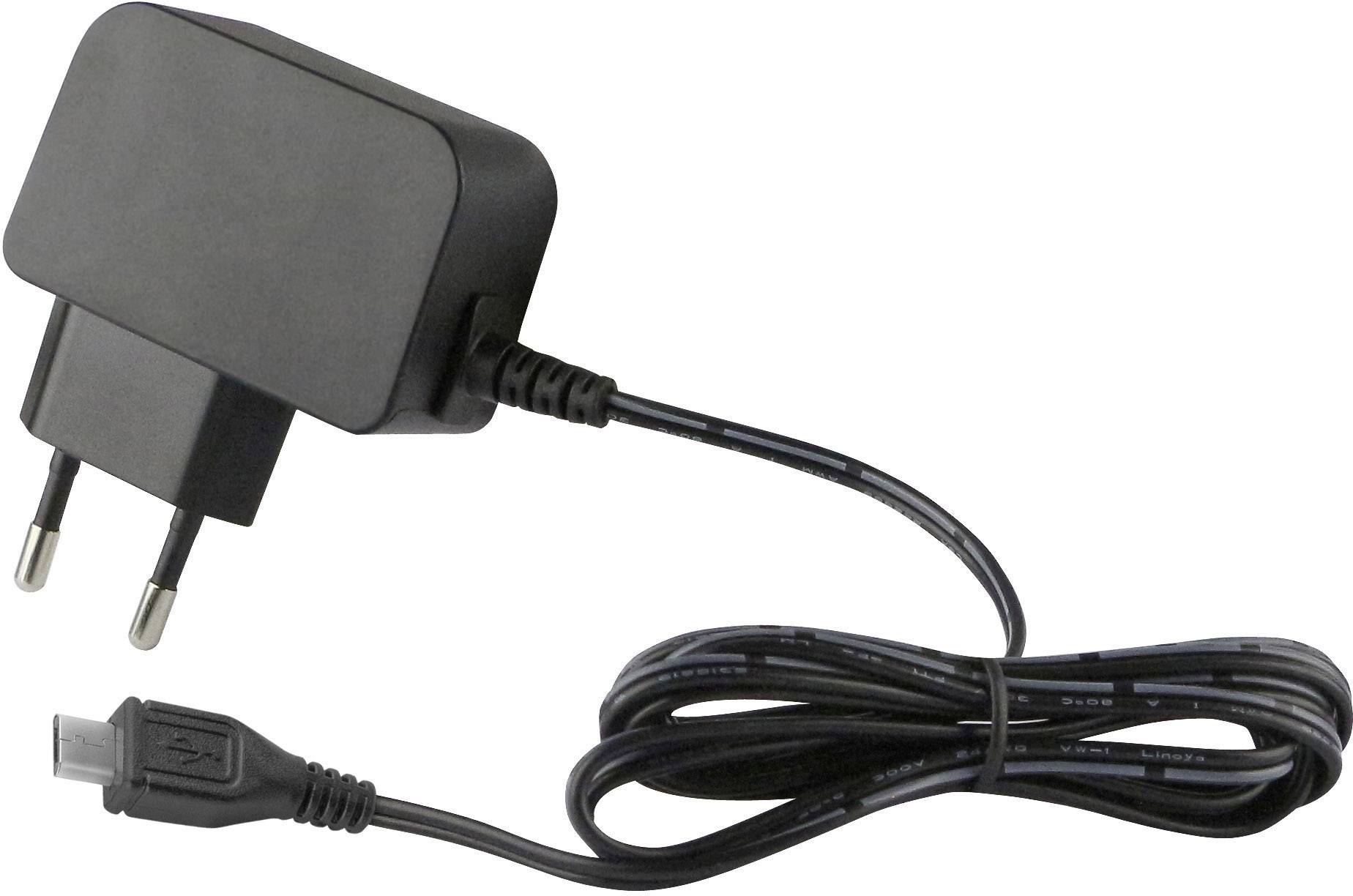 Črn polnilec s vtičem in micro-USB kablom.
