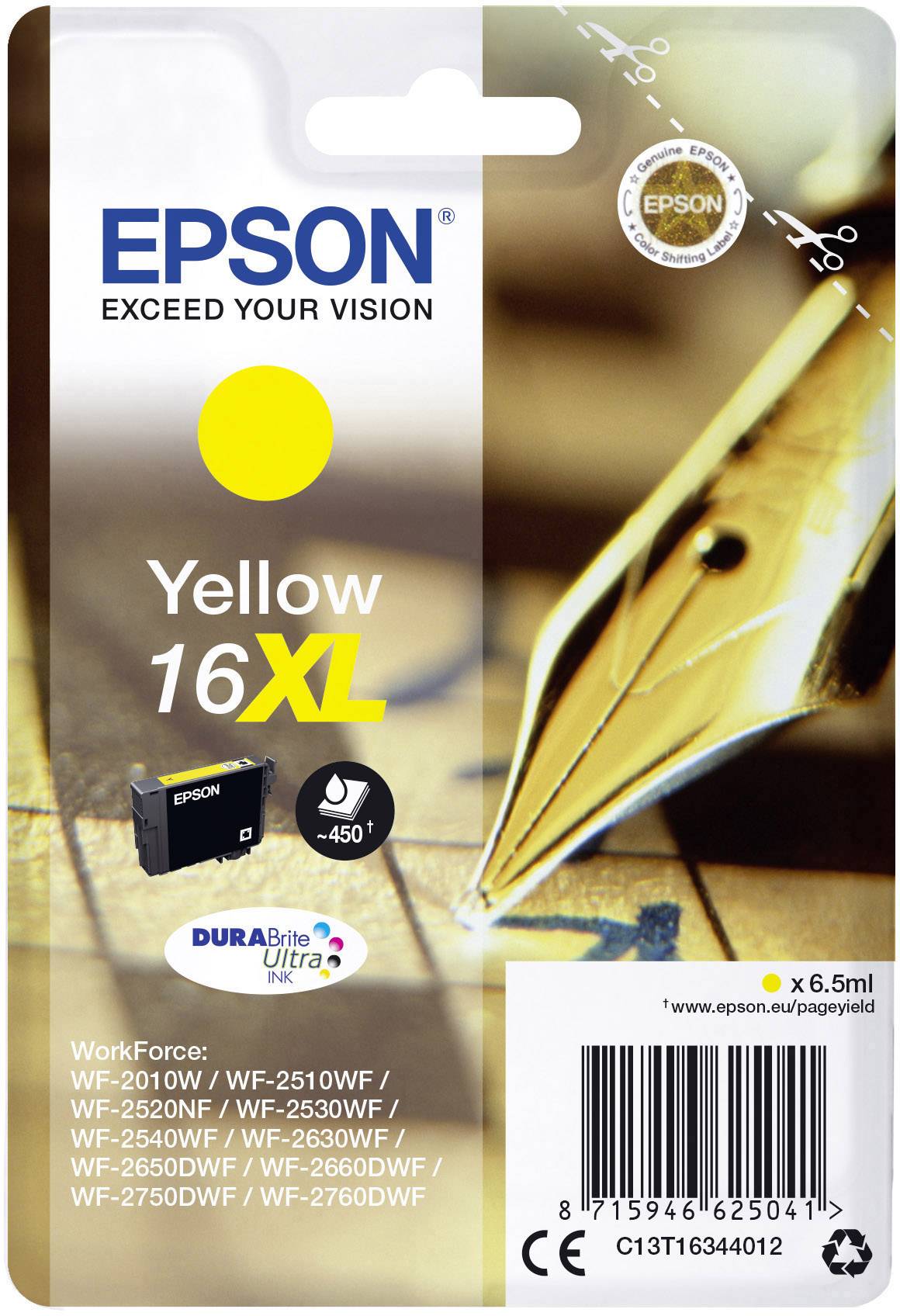 Epson 16XL rumena črnilna kartuša, embalaža s sliko izdelka, sloganom 'PRESEŽI SVOJO VIZIJO' in številkami modelov kompatibilnih tiskalnikov.