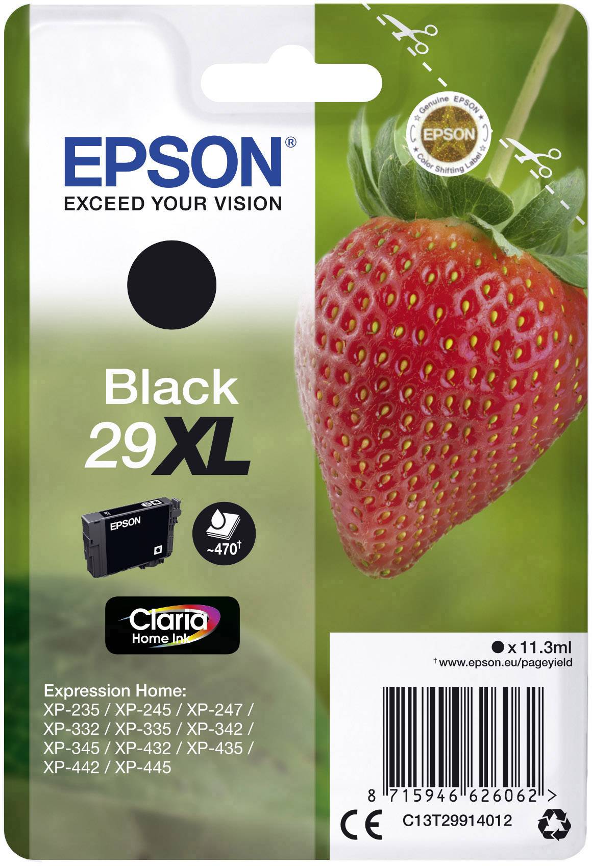 Embalaža Epson črnilne kartice 29XL v črni barvi, prikazuje jagodo. Združljiva z modeli Expression Home, Claria črnilo.