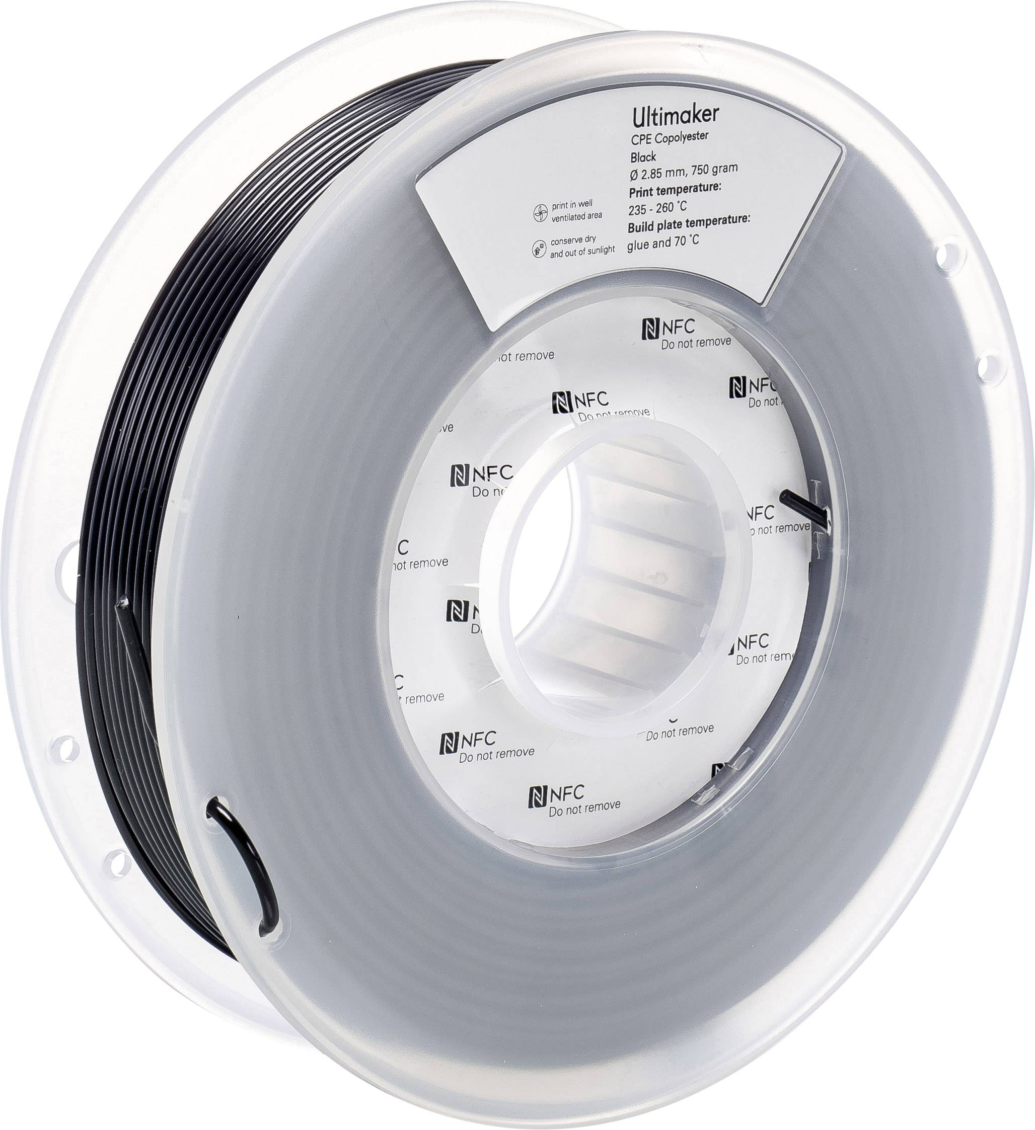 Ultimaker CPE Filamentna kolutica, premer 2,85 mm, 750 gramov, priporočeno za 3D-tisk pri 250°C, svetlo siva plastična špula.