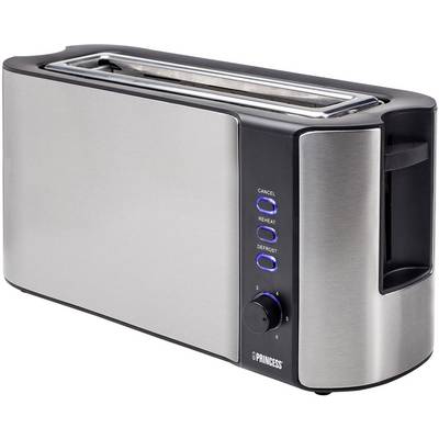 Vitek, srebrn toaster z dolgim rezilom za kruhove rezine. Trije gumbi za funkcije: preklic, segrevanje, odtajevanje.