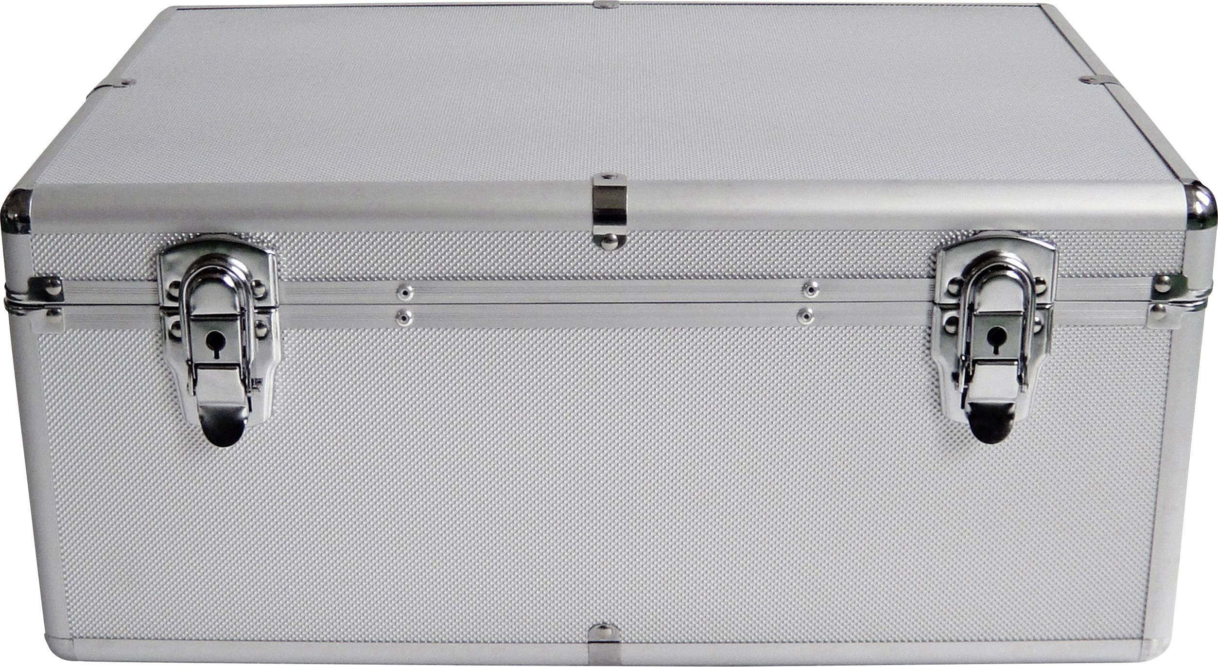 Aluminijasti kovček z dvema zapahoma na sprednji strani, pravokotne oblike, srebrne barve. Idealen za shranjevanje ali prevoz.