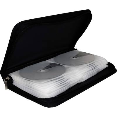 Črna CD torba z zadrgo, odprta. Vsebuje zložene CD-je v prozornih ovitkih.